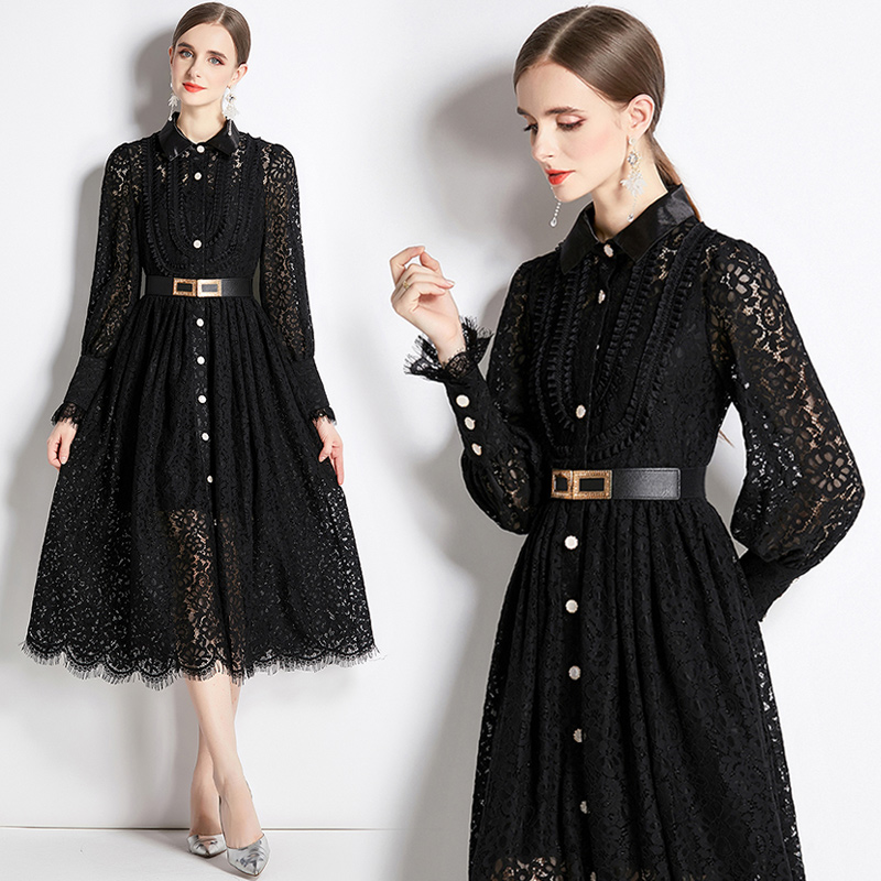 Lace black autumn dress crochet France style long dress
