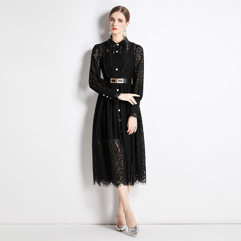 Lace black autumn dress crochet France style long dress
