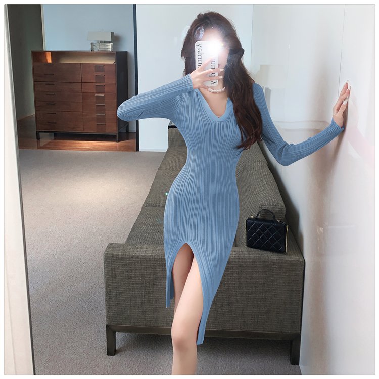 Knitted package hip long dress show thin dress