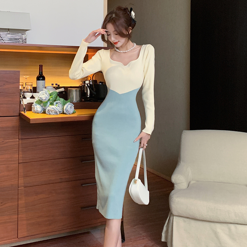 V-neck long mixed colors bottoming dress for women