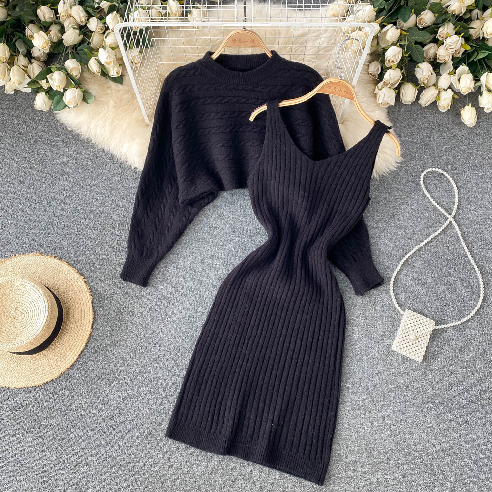 Lazy sling loose sweater short France style dress 2pcs set