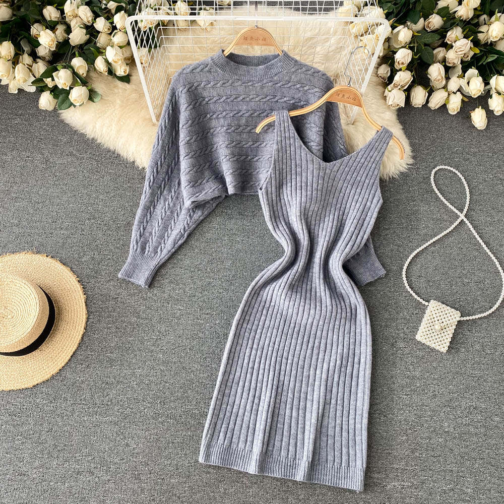 Lazy sling loose sweater short France style dress 2pcs set
