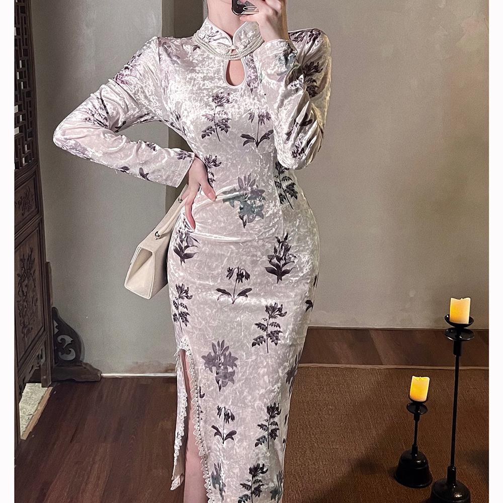 Long golden velvet dress printing cheongsam for women