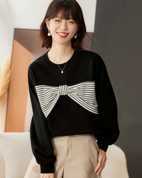 Stripe loose Korean style tops autumn and winter bow hoodie