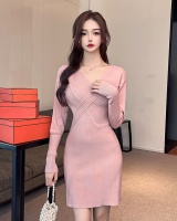Autumn knitted bottoming tight package hip V-neck dress