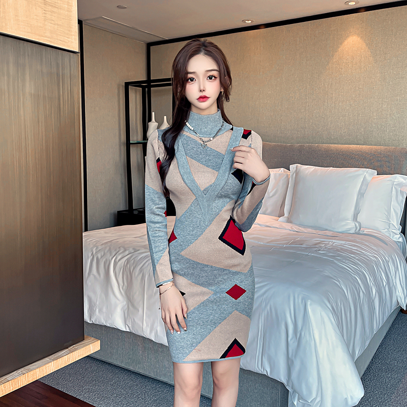 Geometry fashion bottoming dress pattern knitted sweater dress