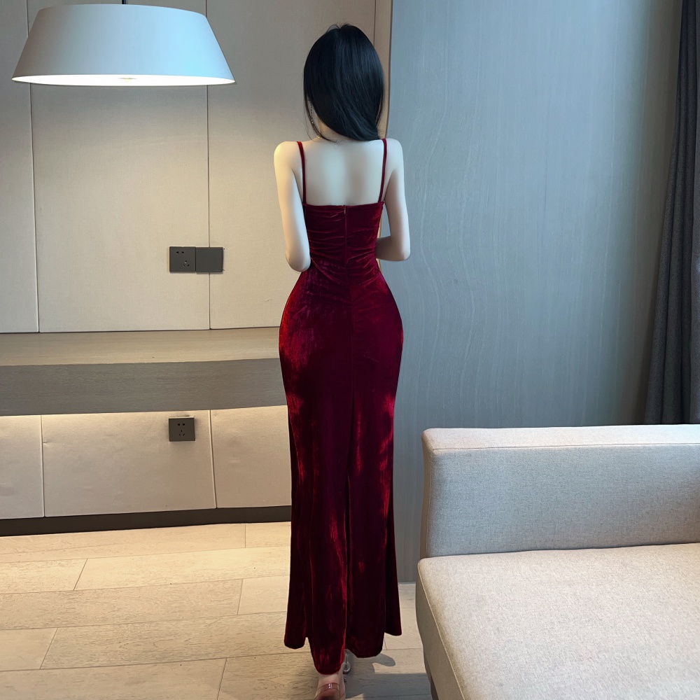 Sling high slit formal dress low-cut sexy dress