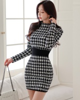 Autumn and winter houndstooth simple slim sexy dress