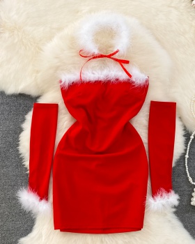 Elmo sexy slim package hip halter christmas dress