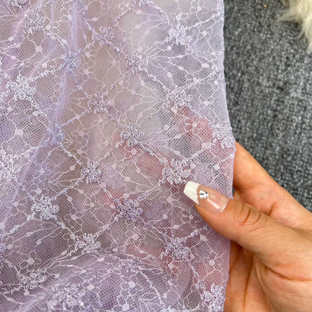 Coarse flower embroidery splice puff sleeve beading dress