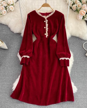 Lace long sleeve V-neck pinched waist temperament dress