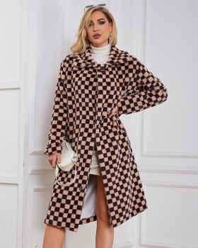 European style plaid long faux fur coat