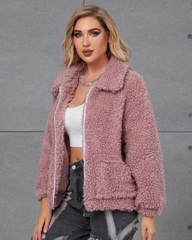 Faux fur short zip European style lambs wool pure coat