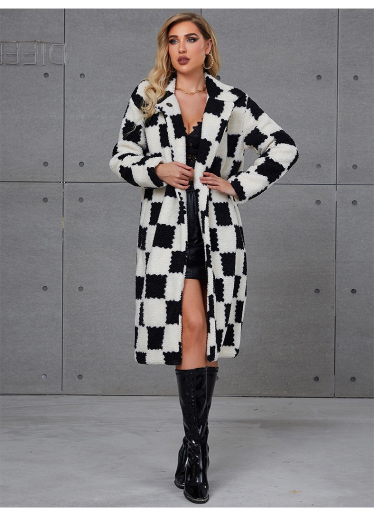 Plaid black-white faux fur European style long coat for women