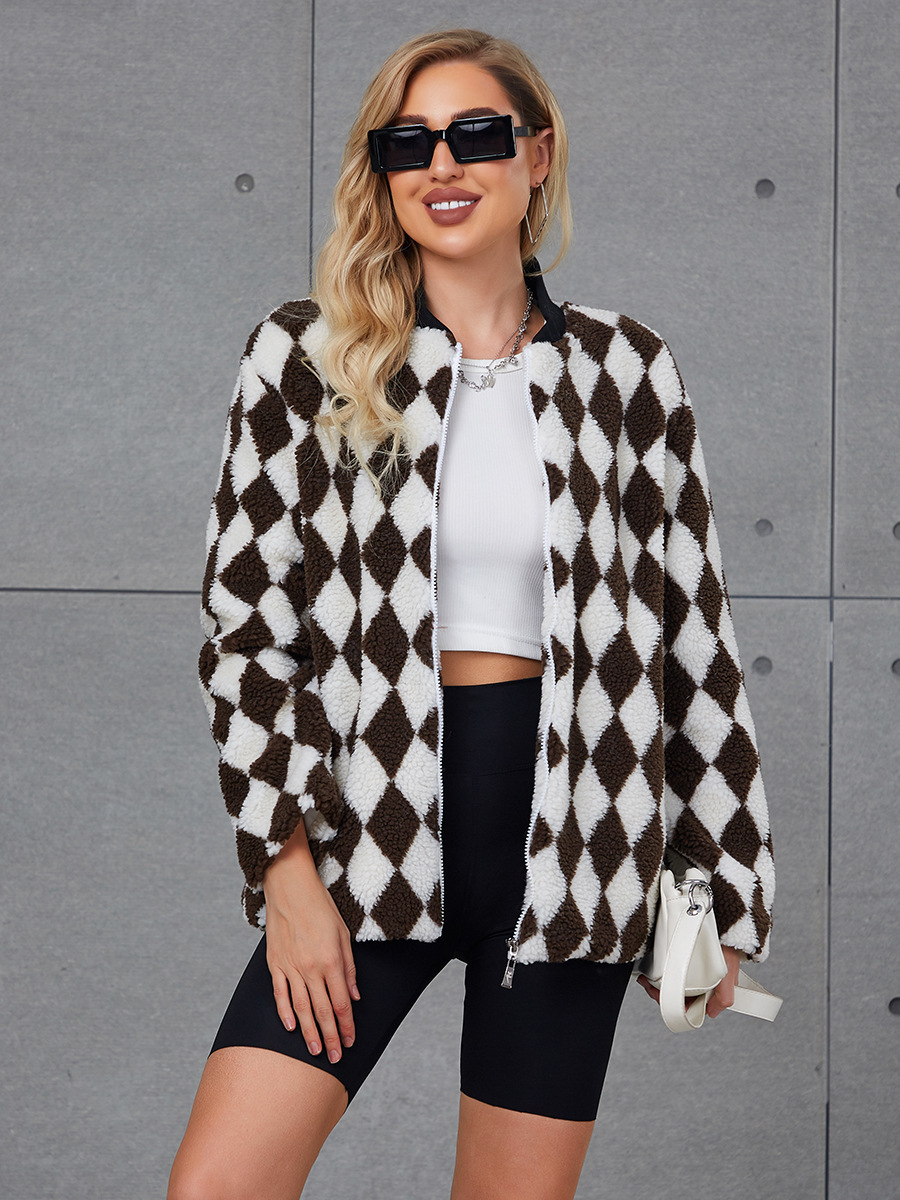 Plaid velvet jacket European style lamb fur coat for women