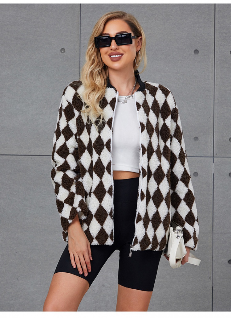Plaid velvet jacket European style lamb fur coat for women