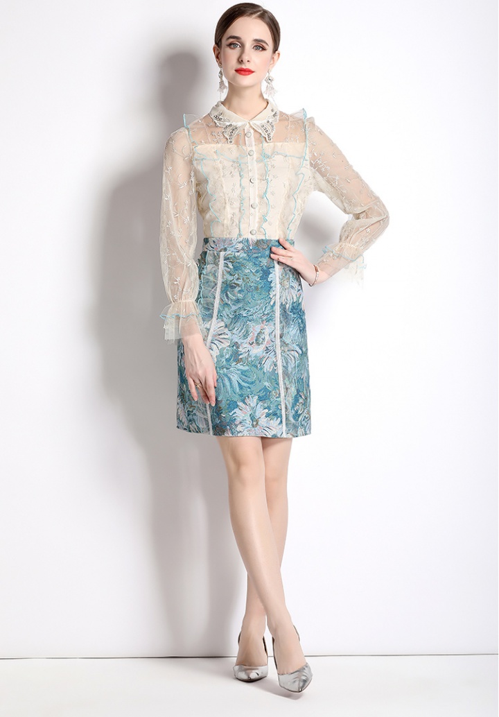 Gauze pullover splice embroidery gold line dress