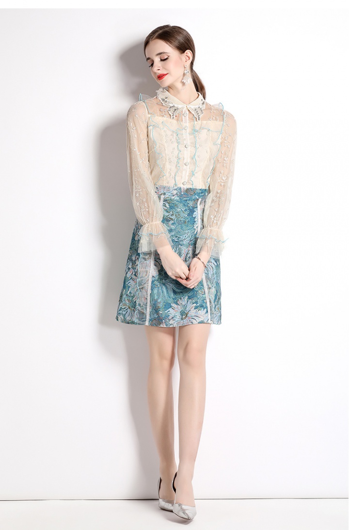 Gauze pullover splice embroidery gold line dress