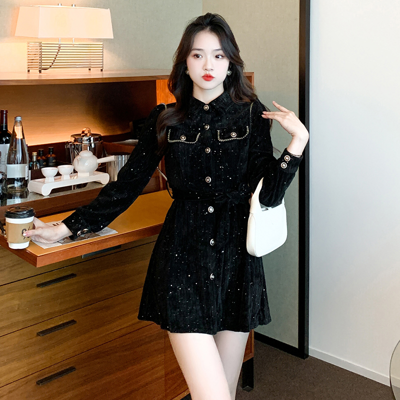 Autumn and winter pinched waist slim dress for women