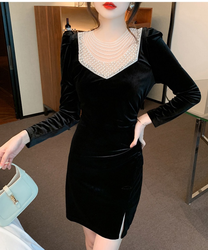 Thick beading split fold stereoscopic velvet dress for women