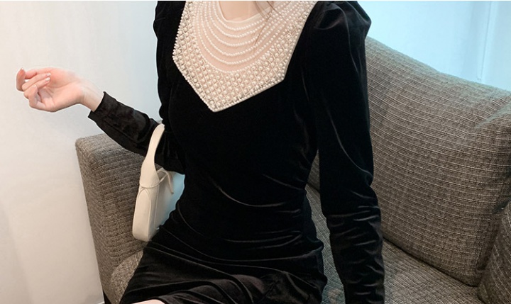 Thick beading split fold stereoscopic velvet dress for women