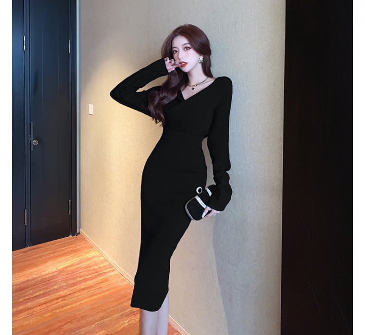 Ladies sexy pinched waist dress V-neck knitted sweater dress