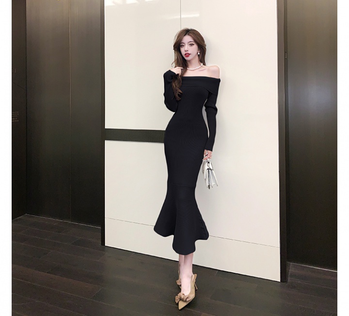 Bottoming strapless long sexy flat shoulder dress