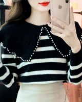 Stripe pullover tops doll collar beading bottoming shirt