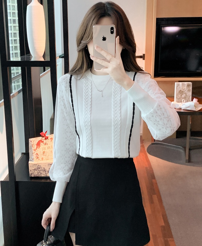Round neck autumn and winter small shirt splice sweater for women