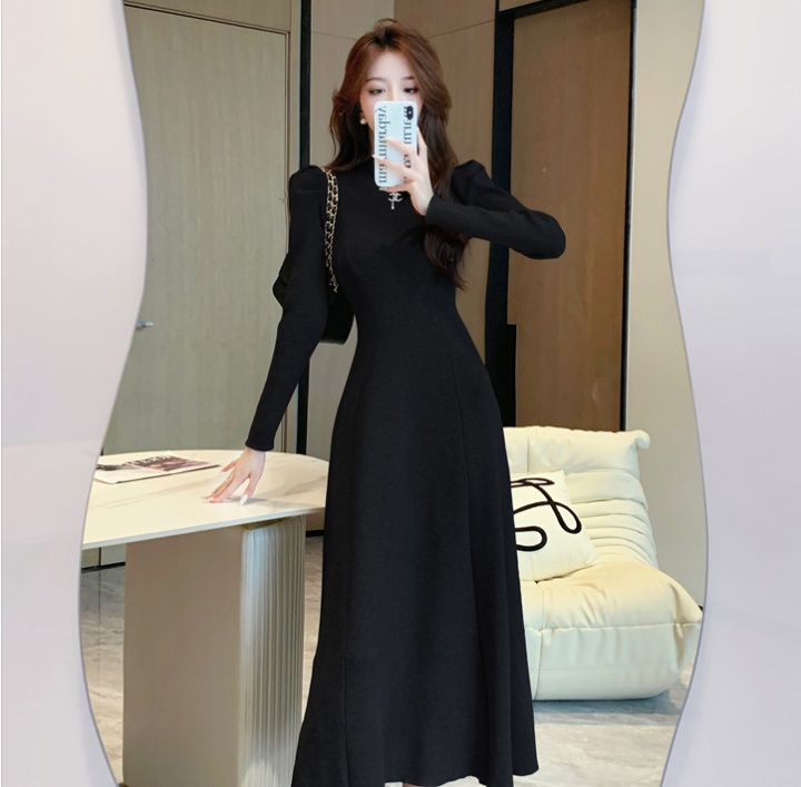 Knitted France style dress puff sleeve long overcoat