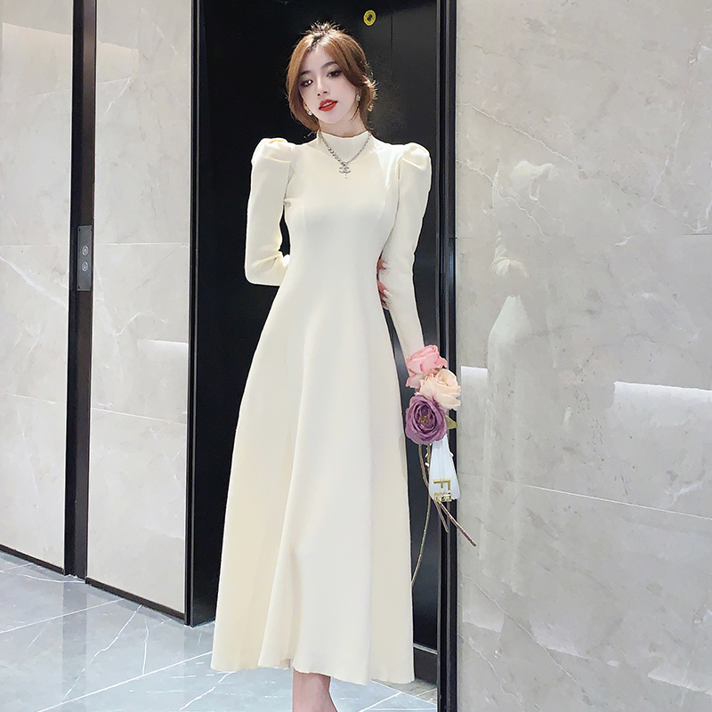 Knitted France style dress puff sleeve long overcoat