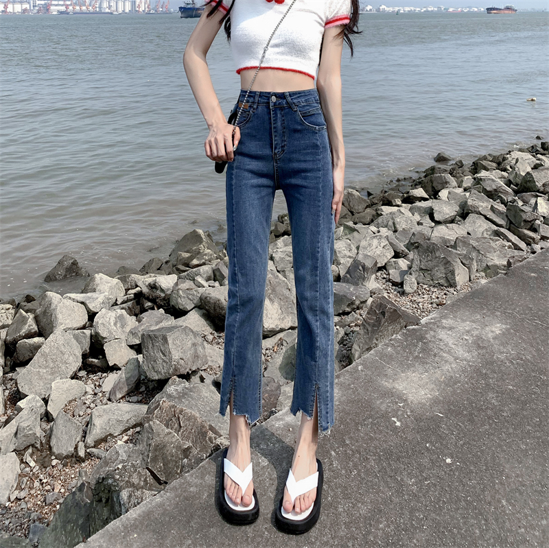 Straight pants autumn and winter pants split jeans for women