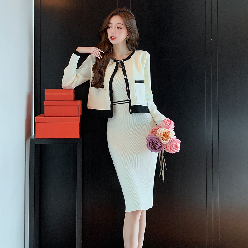 Fashion and elegant cardigan knitted dress 2pcs set