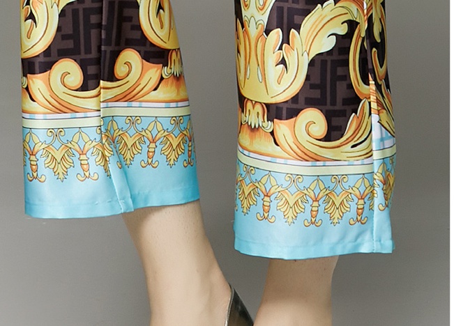 European style slim wide leg pants printing all-match shirt a set