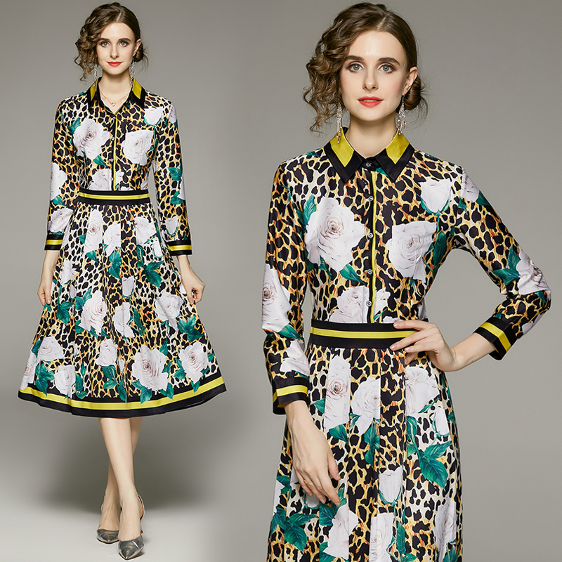 Pinched waist all-match European style printing fashion dress