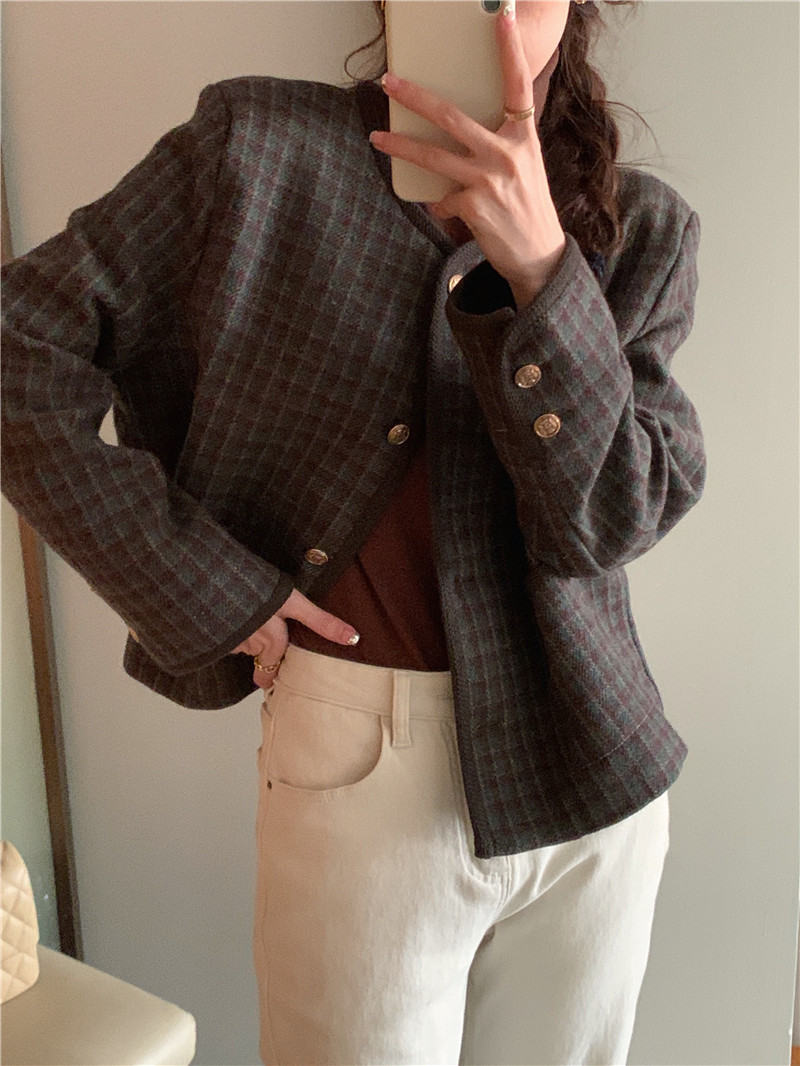 Long sleeve simple retro France style plaid coat