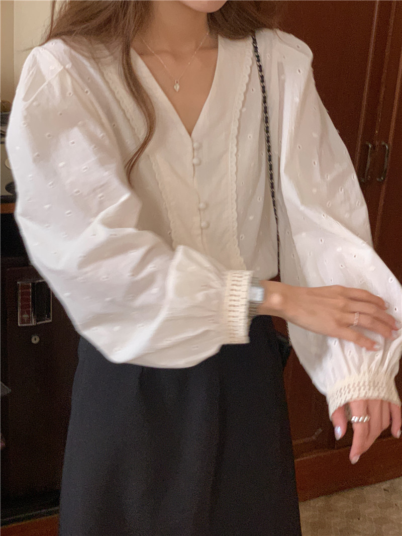 V-neck embroidery splice lace Korean style long sleeve shirt