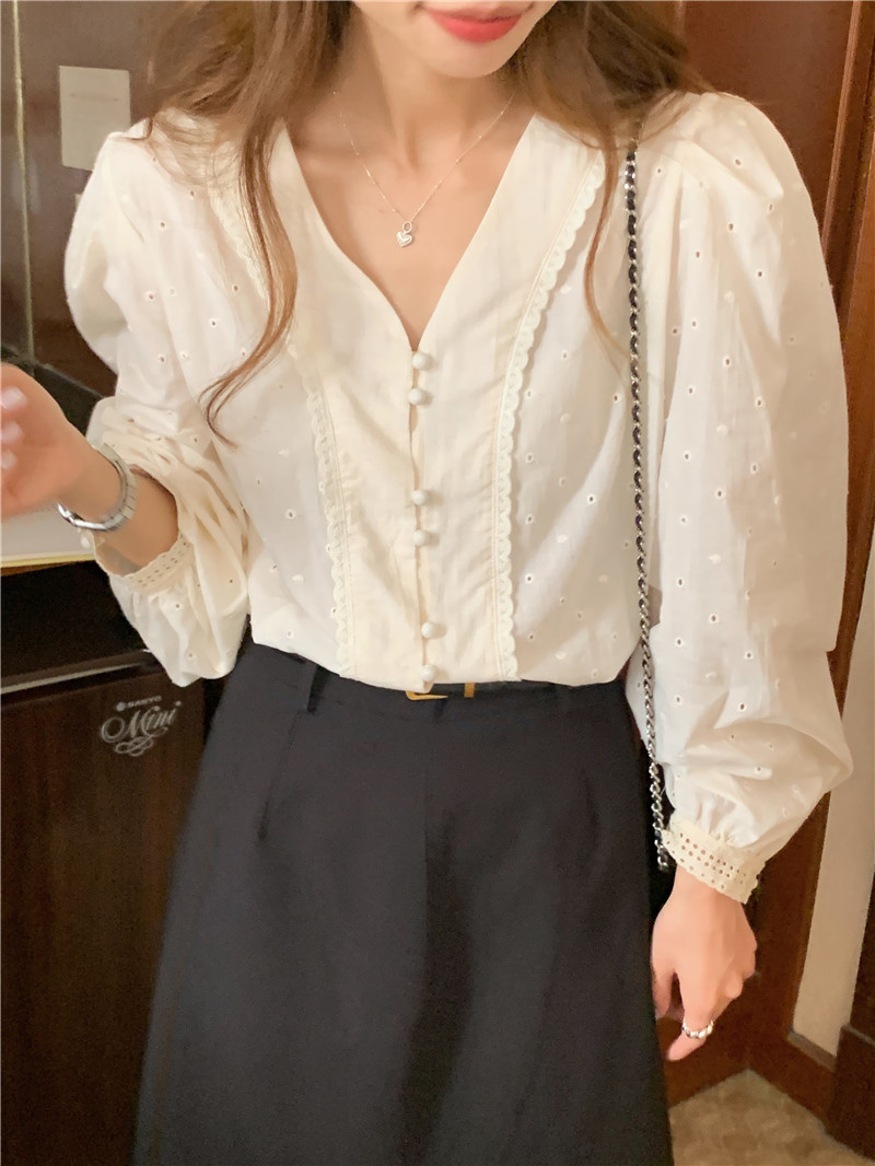 V-neck embroidery splice lace Korean style long sleeve shirt