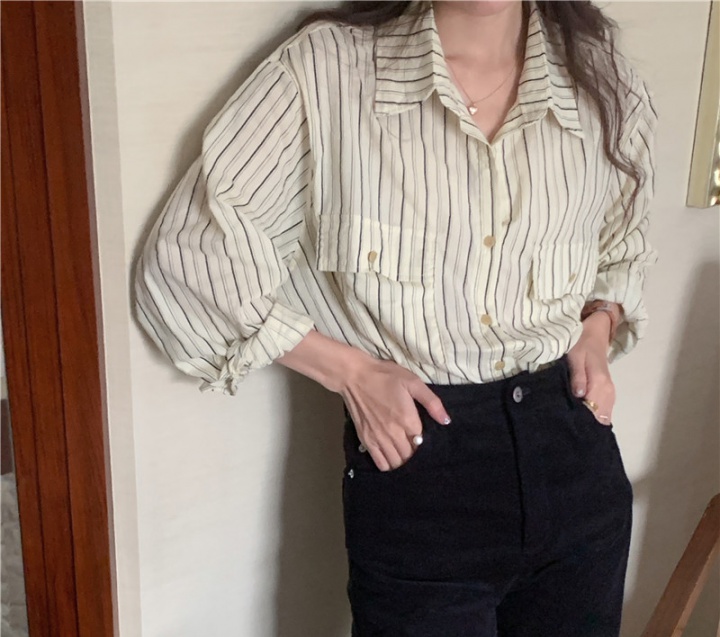 Long sleeve Korean style stripe double pocket shirt