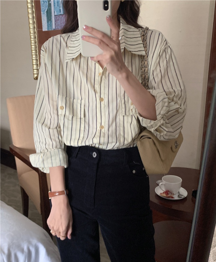 Long sleeve Korean style stripe double pocket shirt