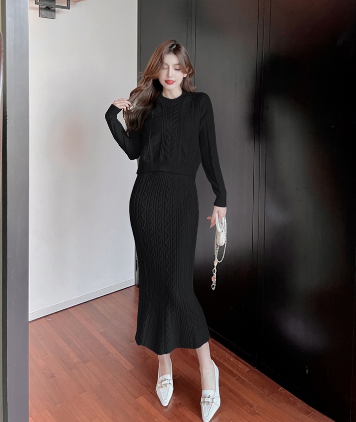 Round neck Korean style skirt long sleeve sweater 2pcs set