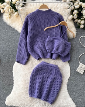 Halter metal buckles cardigan knitted short coat 3pcs set