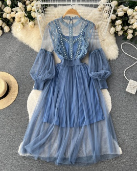 Lace hollow elegant long dress gauze splice dress for women