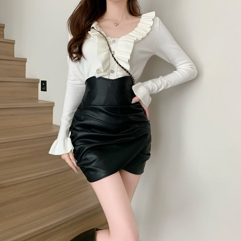 Irregular leather skirt split skirt for women
