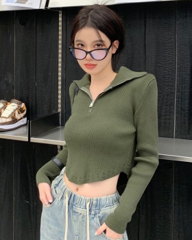 Green winter sweater zip high waist tops for women