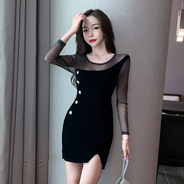 Splice winter perspective lace single-breasted slim dress