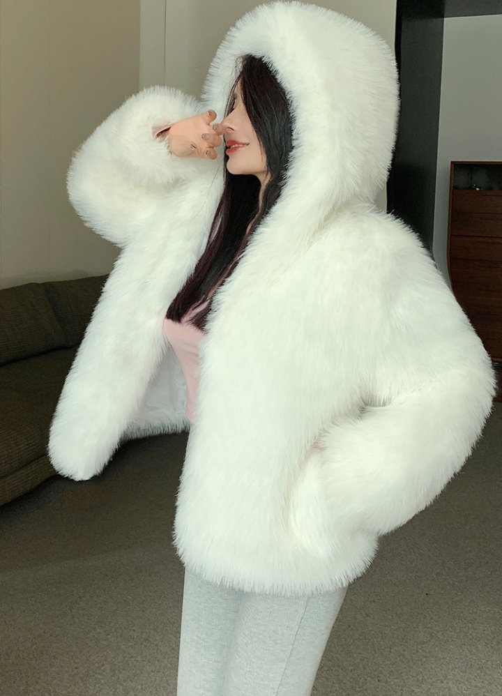 Fashion fox faux fur hooded overcoat loose elmo light coat