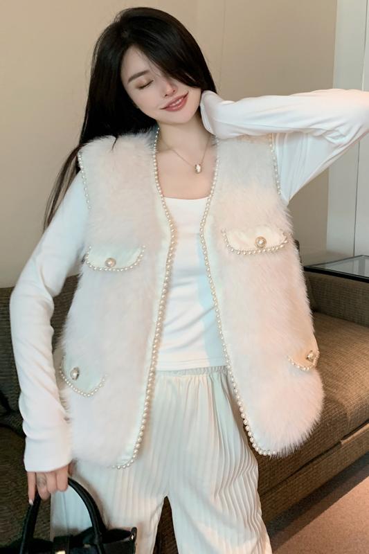 Short pearl waistcoat fox fur vest for women
