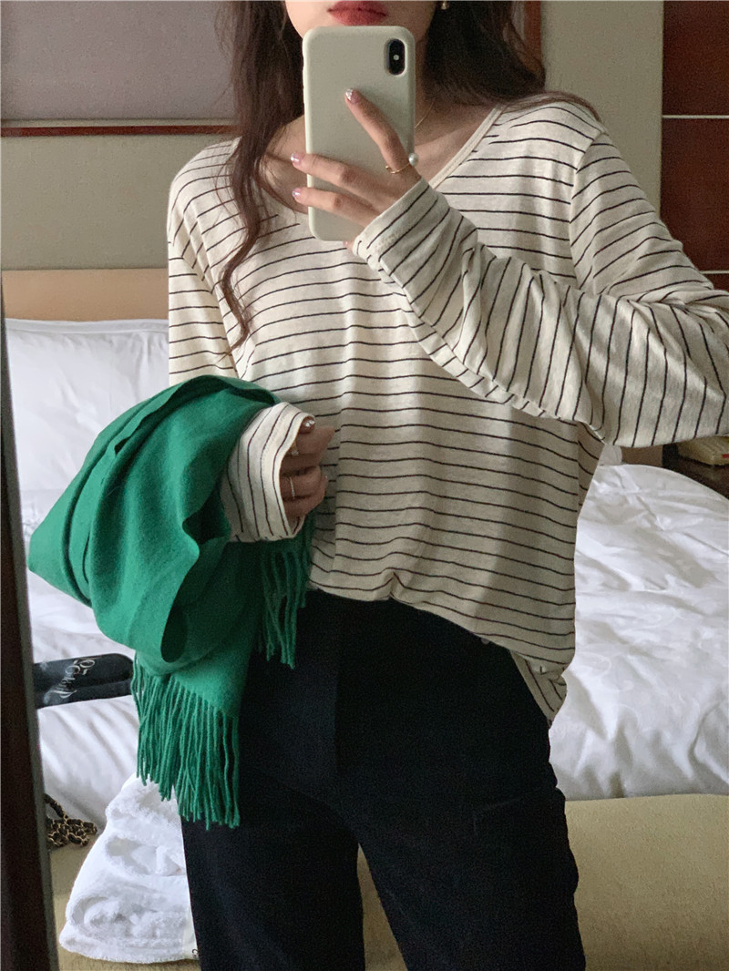Korean style round neck all-match stripe T-shirt