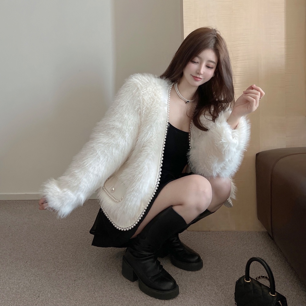 White light autumn and winter coat thick beading fur coat